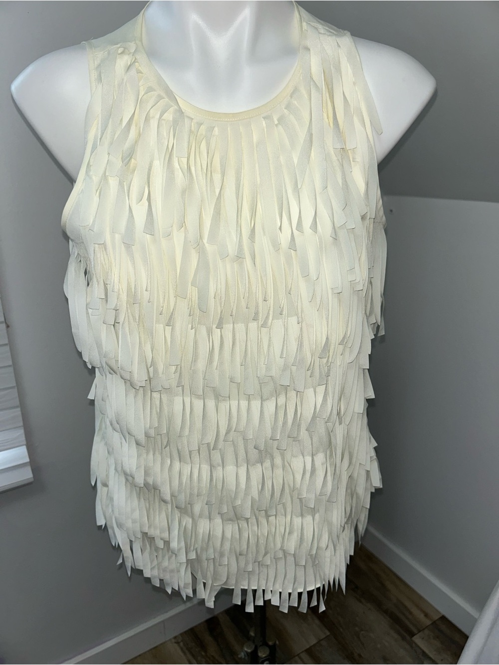 Ann Taylor petite 10P fringe, tank top ivory, dressy flirty